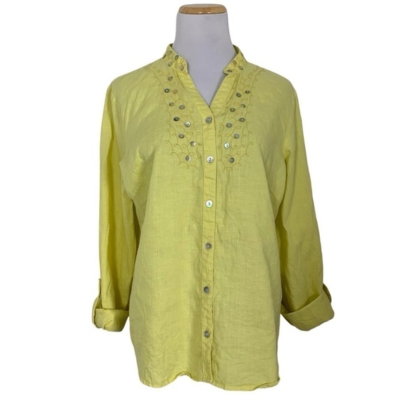 Ecologie 100% Linen Button Up Shirt Yellow Size Large Soutche Shell Button - Picture 1 of 17
